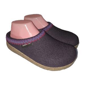 HAFLINGER GRIZZLY Sz 7 Plum Embroidered Zig Zag Bordo Felt Wool Clogs Slippers